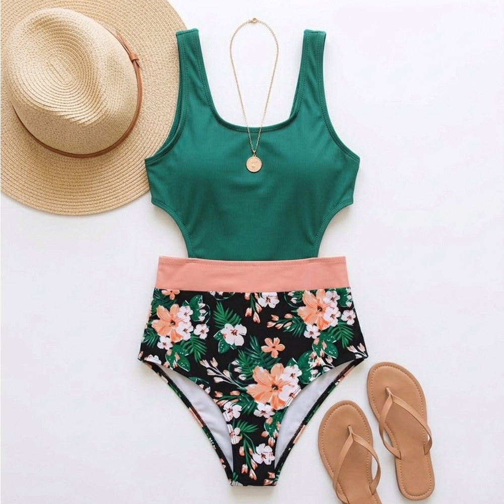 CUPSHE . Floral and Green One-Piece Swimsuit